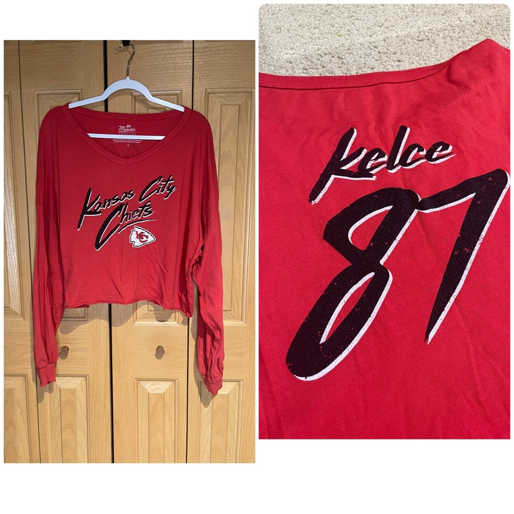Majestic Women's Red Kansas City Chiefs Travis Kelce cropped Long Sleeve Tee